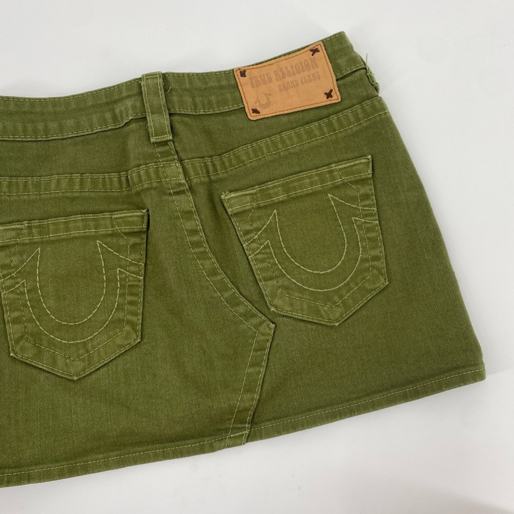 True Religion Denim Mini Skirt Women 27 Olive Green Y2K Low Rise